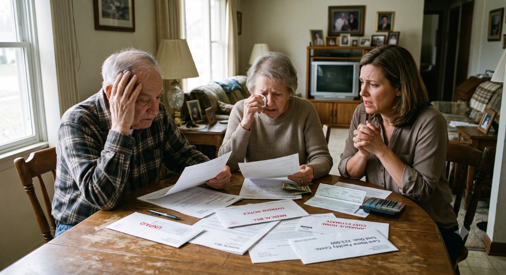 Family at the kitchen table overwhelmed by unexpected care bills and overdue notices